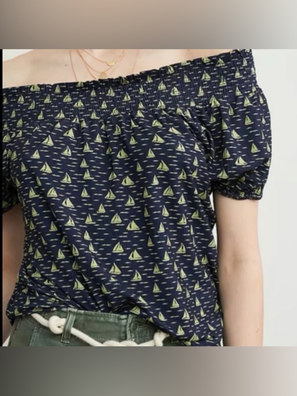 Anthropologie Porridge Navy Off-the-Shoulder Sailboat Print Top With Bow S EUC